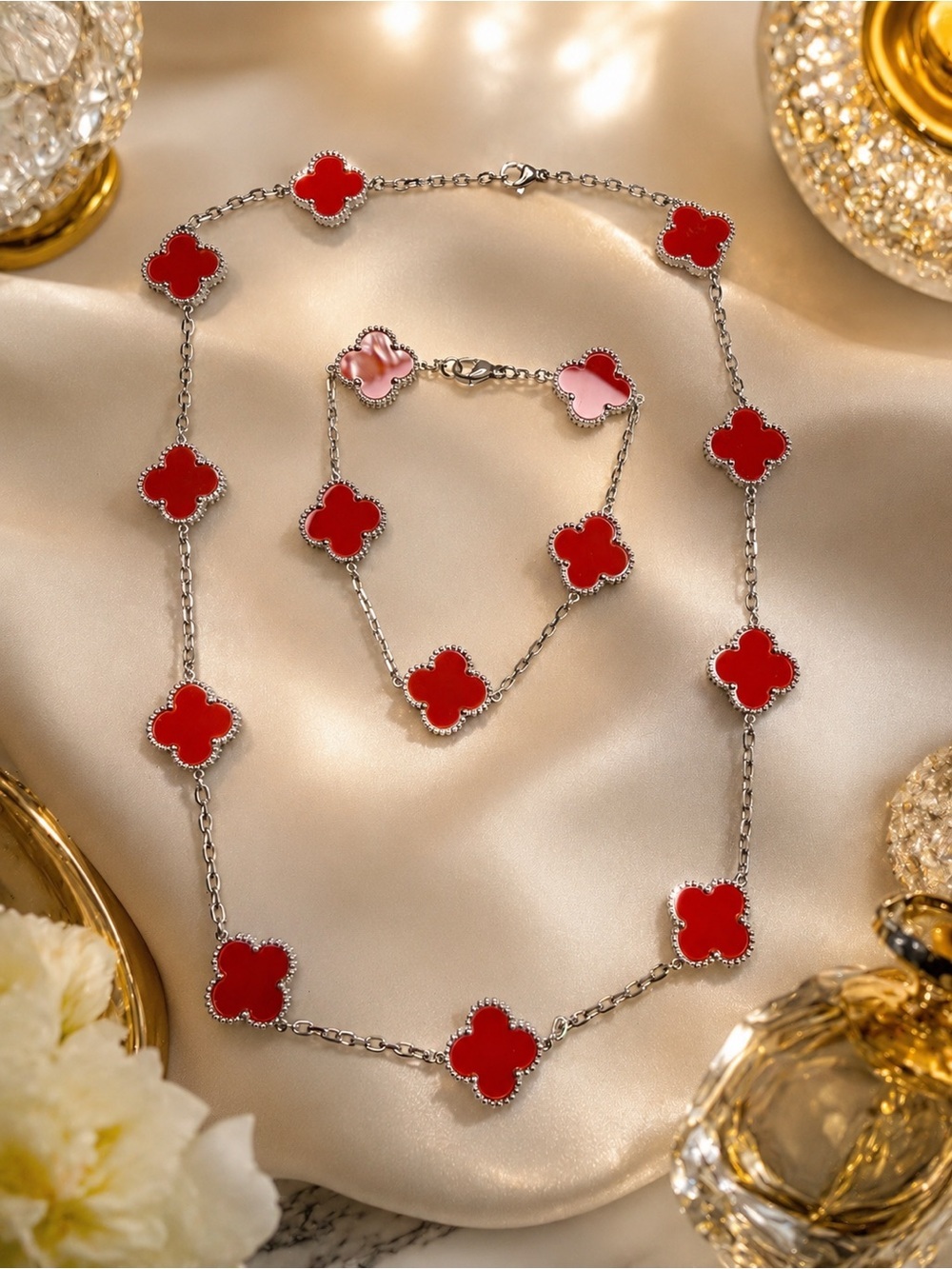 Red 10-Station Clover Necklace & Bracelet Set | Silver Tone